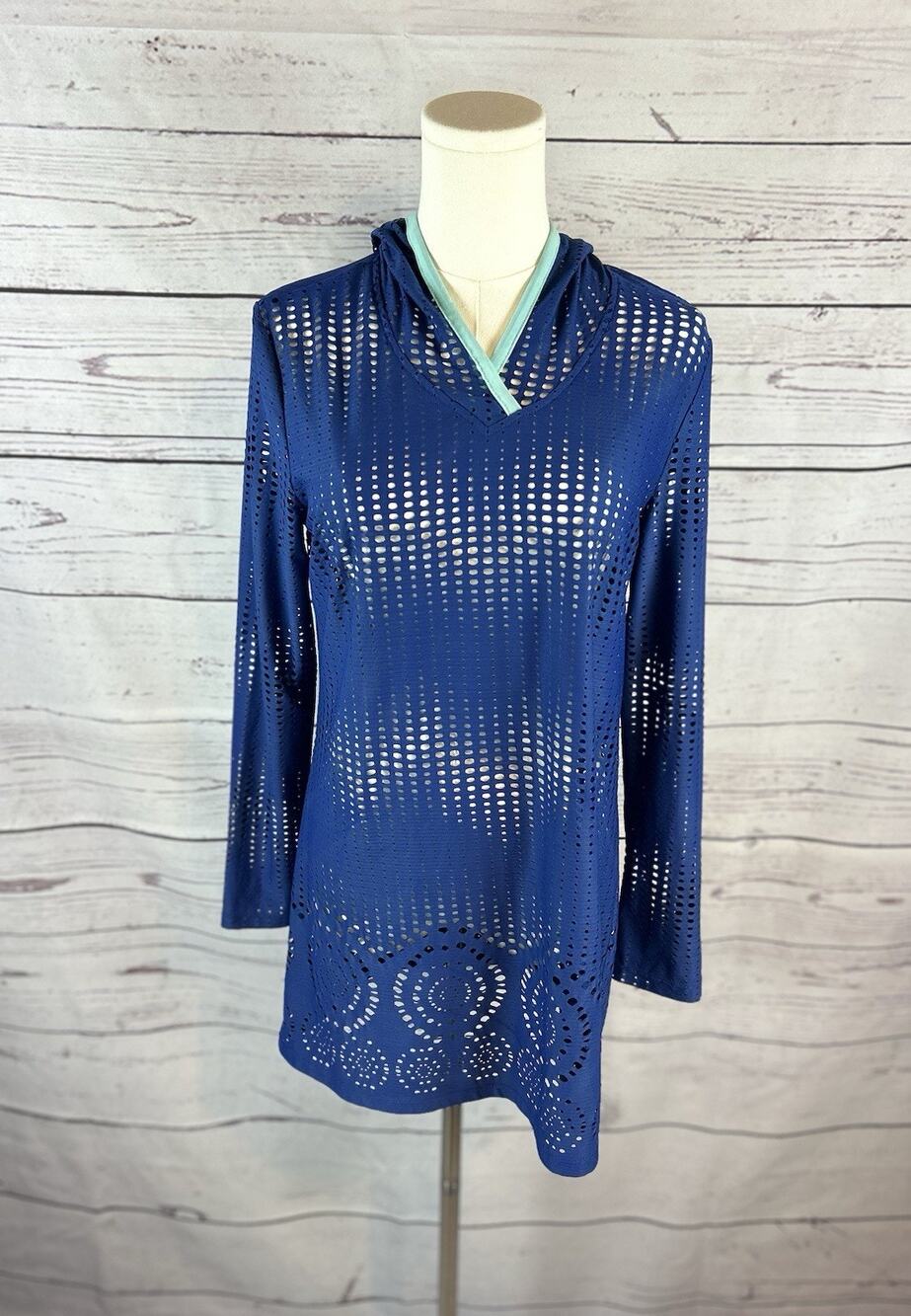 Title Nine Blue Perforated Hooded Swim Cover Up Tunic Dress Size S Beach Pool